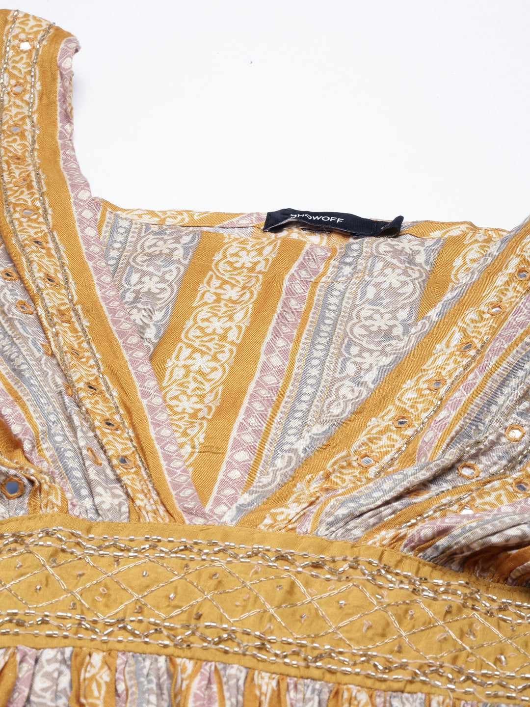 Women's Mustard Floral Printed Square Neck Cape Sleeves Fit and Flare Dress