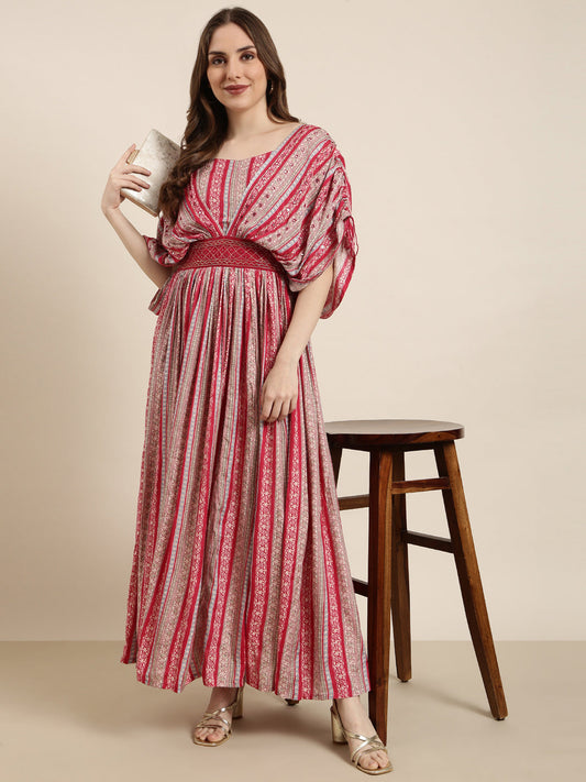 Women's Pink Floral Print Fit & Flare Cotton Maxi Dress