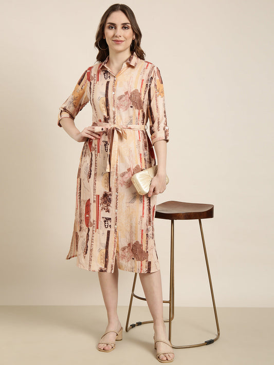 Women's Peach Floral Print Cotton Shirt Collar Shirt Midi Dress