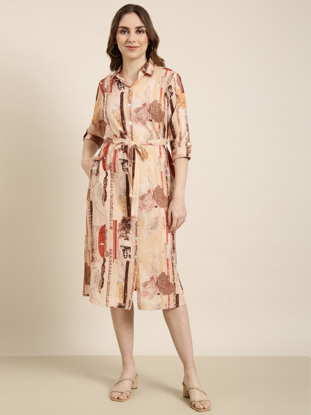 Women's Peach Floral Print Cotton Shirt Collar Shirt Midi Dress