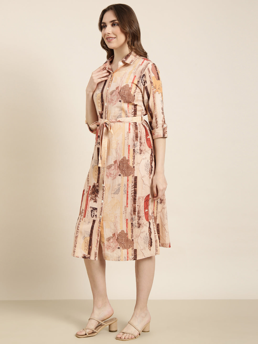 Women's Peach Floral Print Cotton Shirt Collar Shirt Midi Dress