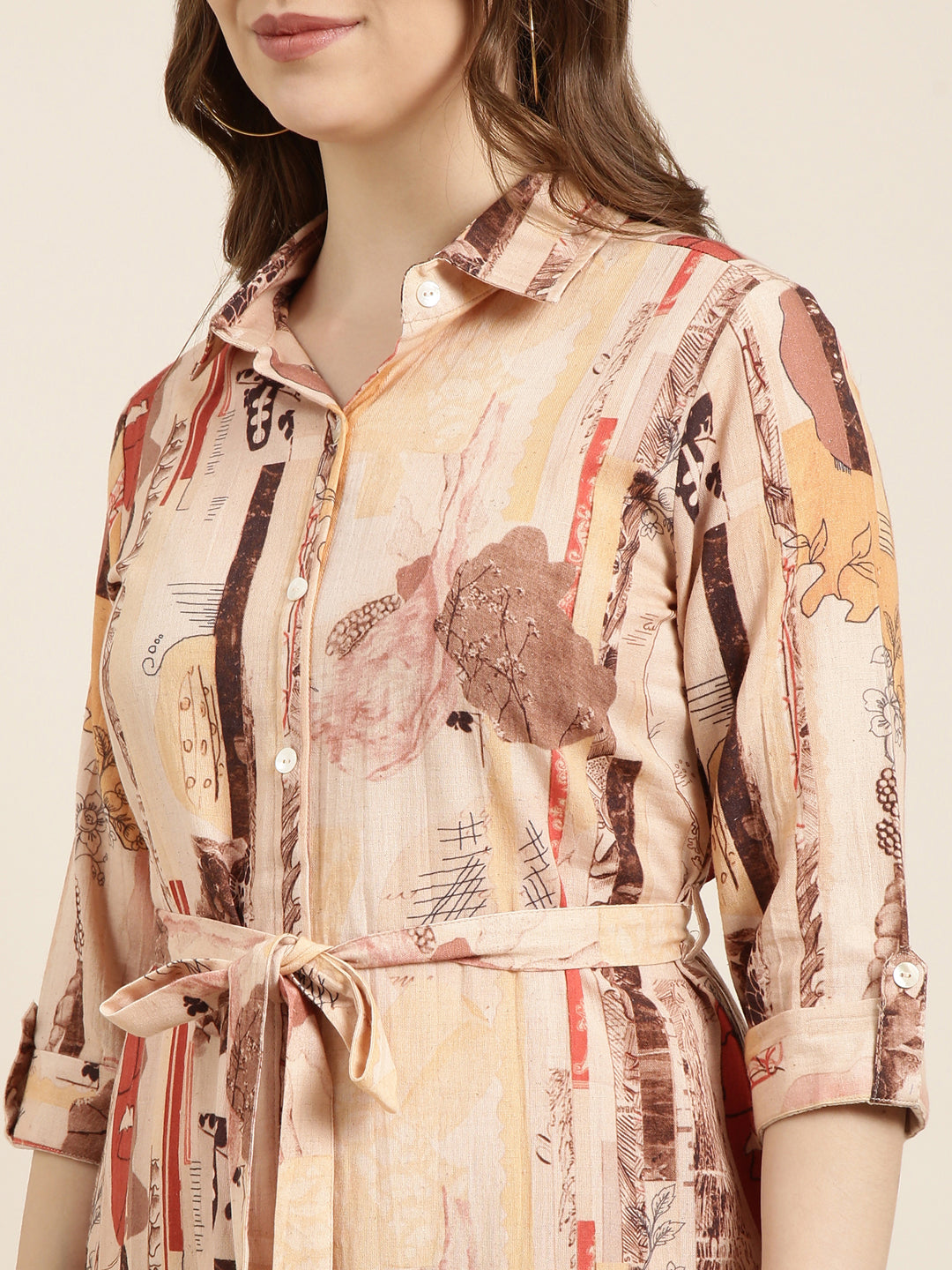 Women's Peach Floral Print Cotton Shirt Collar Shirt Midi Dress