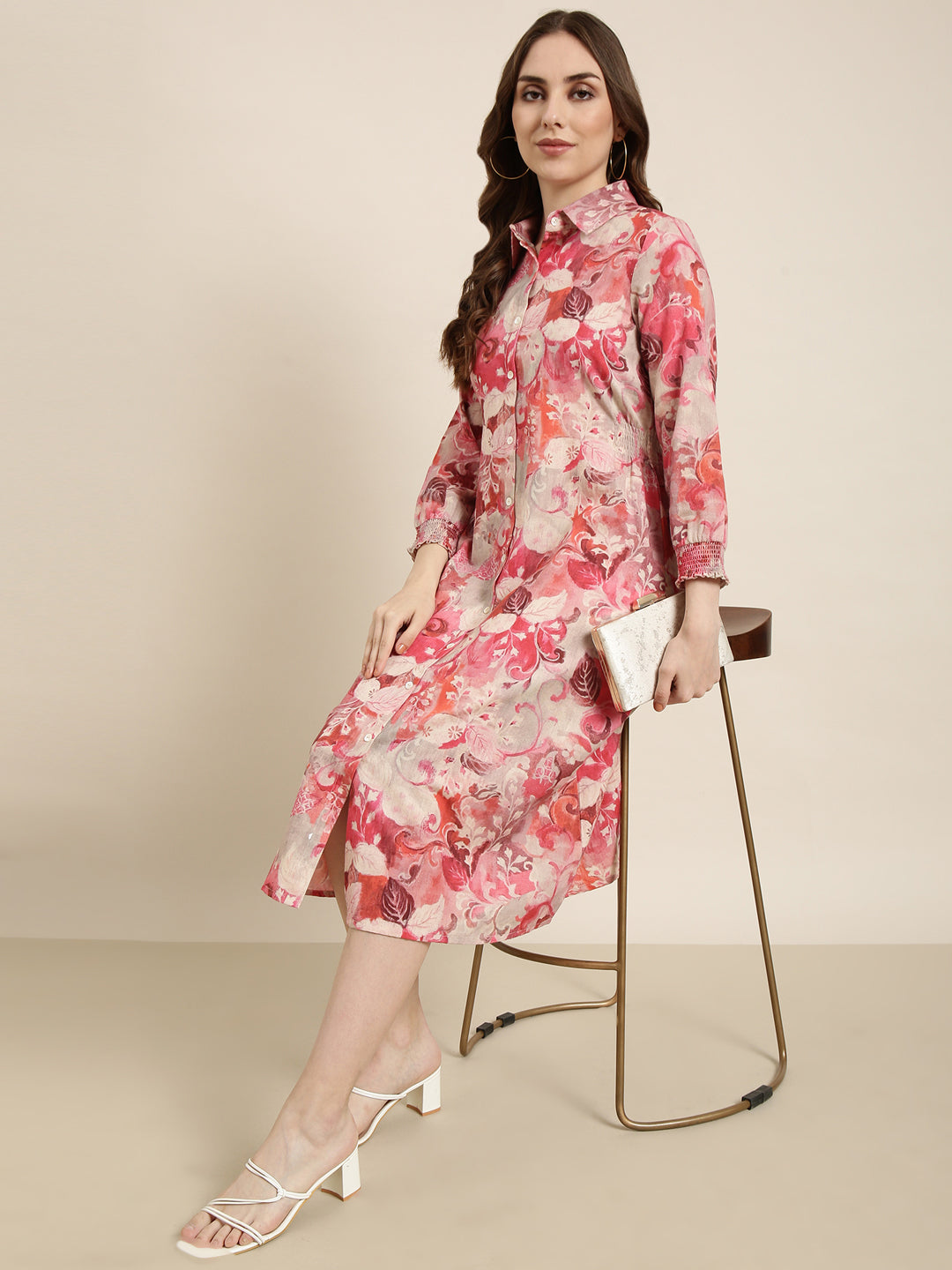Women's Pink Floral Print Cotton A-Line Dress