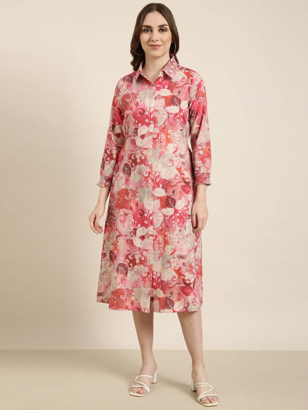 Women's Pink Floral Print Cotton A-Line Dress