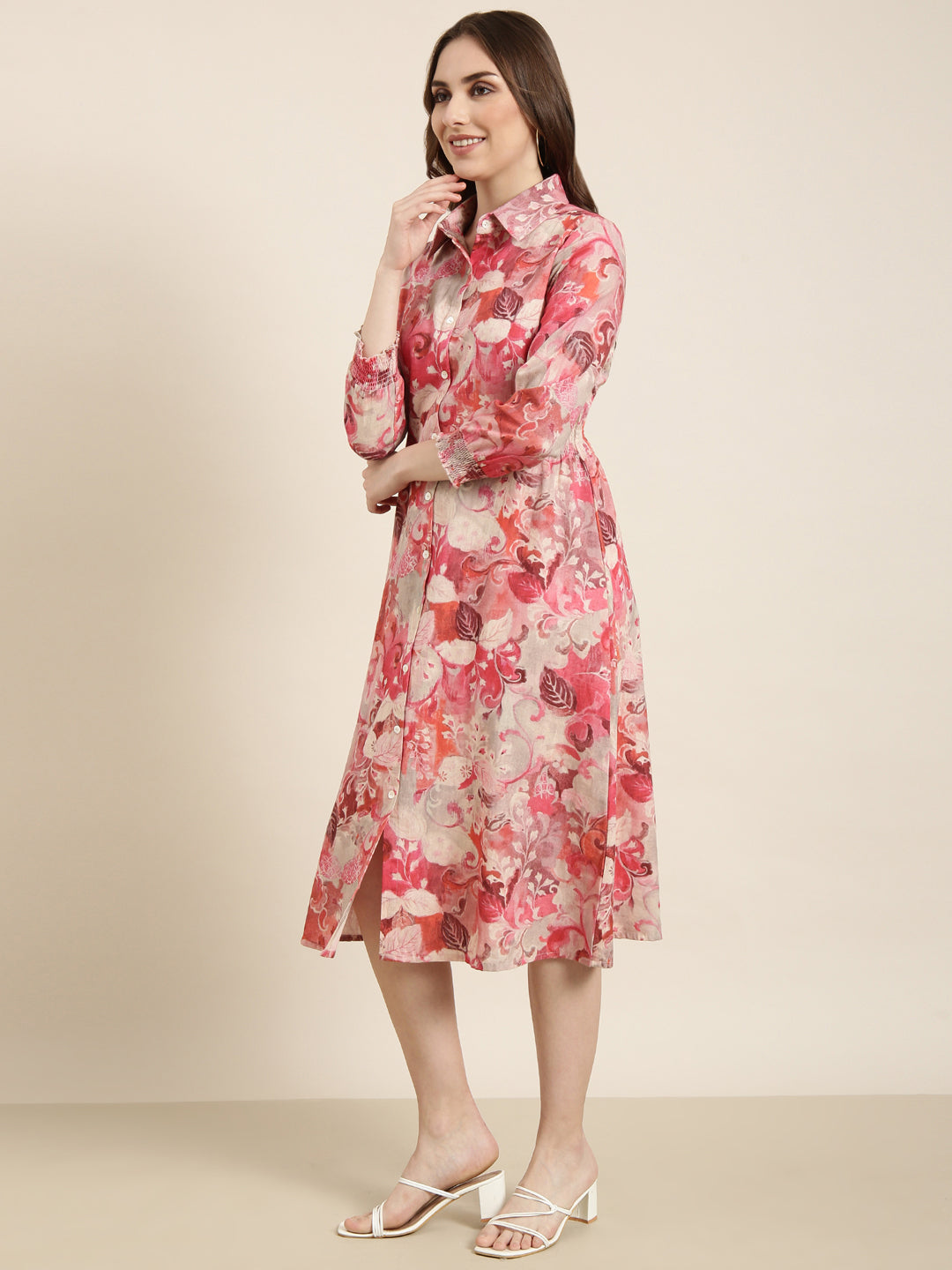 Women's Pink Floral Print Cotton A-Line Dress