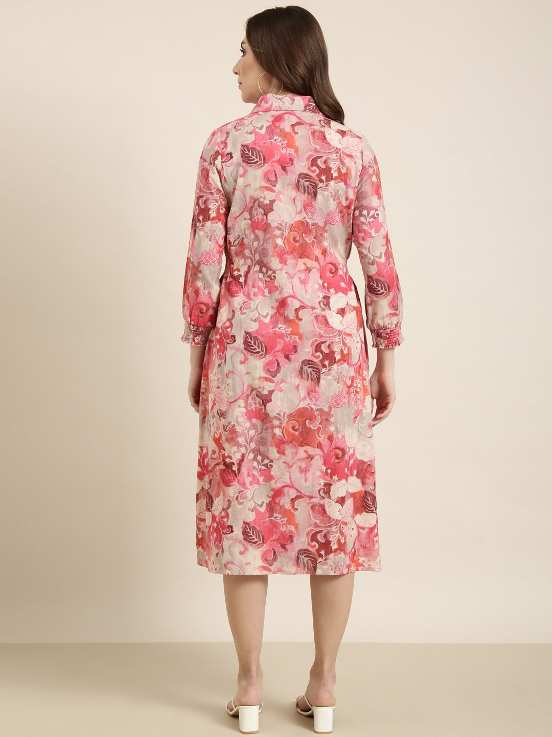 Women's Pink Floral Print Cotton A-Line Dress