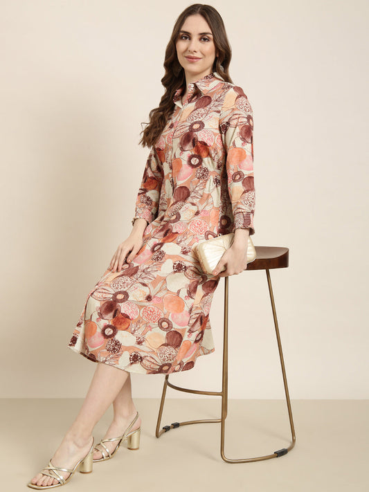Women's Brown Floral Print Three-Quarter Sleeves Shirt Midi Dress