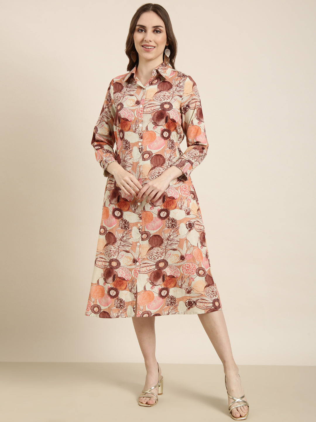 Women's Brown Floral Print Three-Quarter Sleeves Shirt Midi Dress