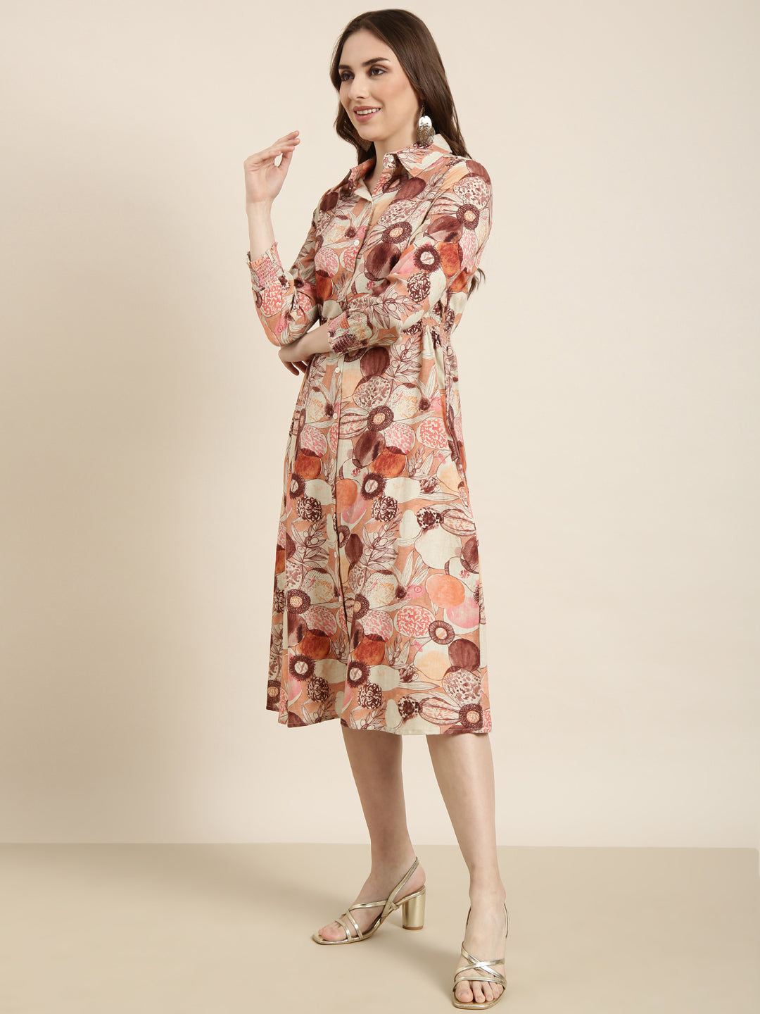 Women's Brown Floral Print Three-Quarter Sleeves Shirt Midi Dress