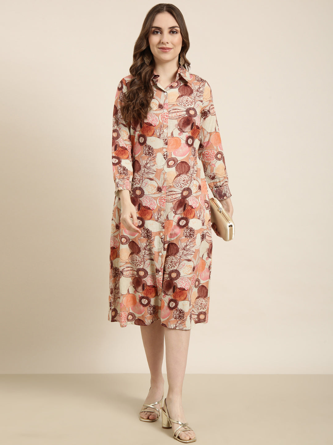 Women's Brown Floral Print Three-Quarter Sleeves Shirt Midi Dress