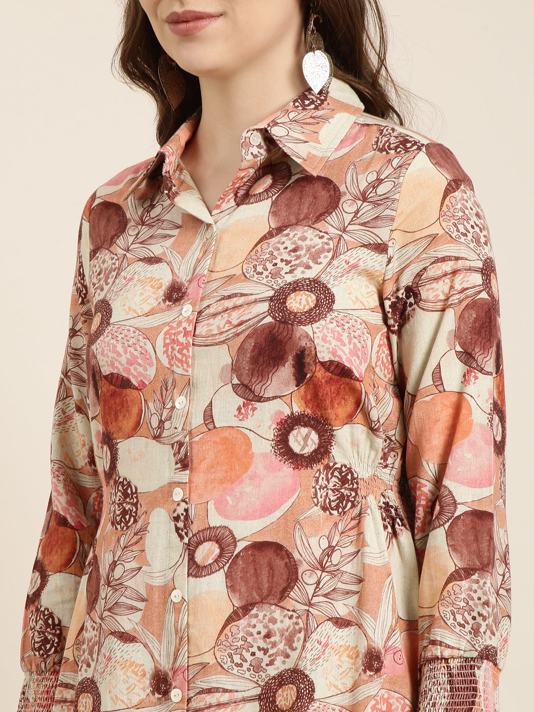 Women's Brown Floral Print Three-Quarter Sleeves Shirt Midi Dress