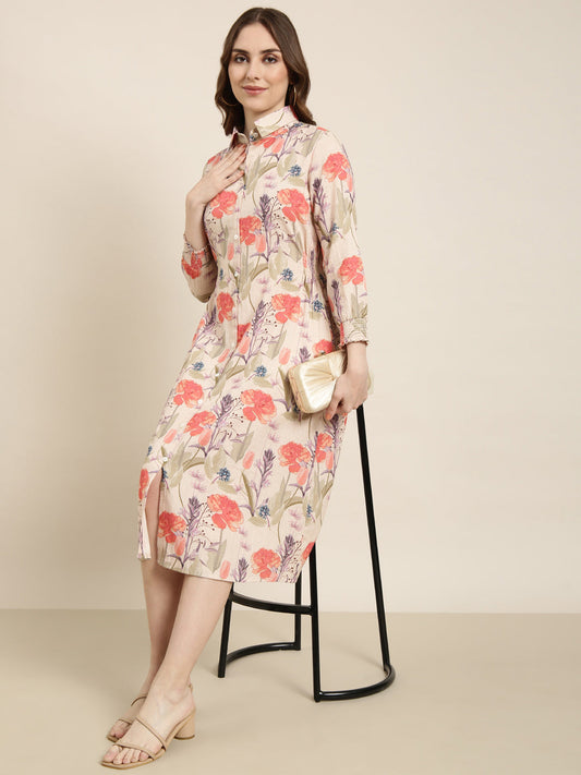 Women's Beige Floral Print Shirt Collar Full Sleeves Smocked Shirt Midi Dress