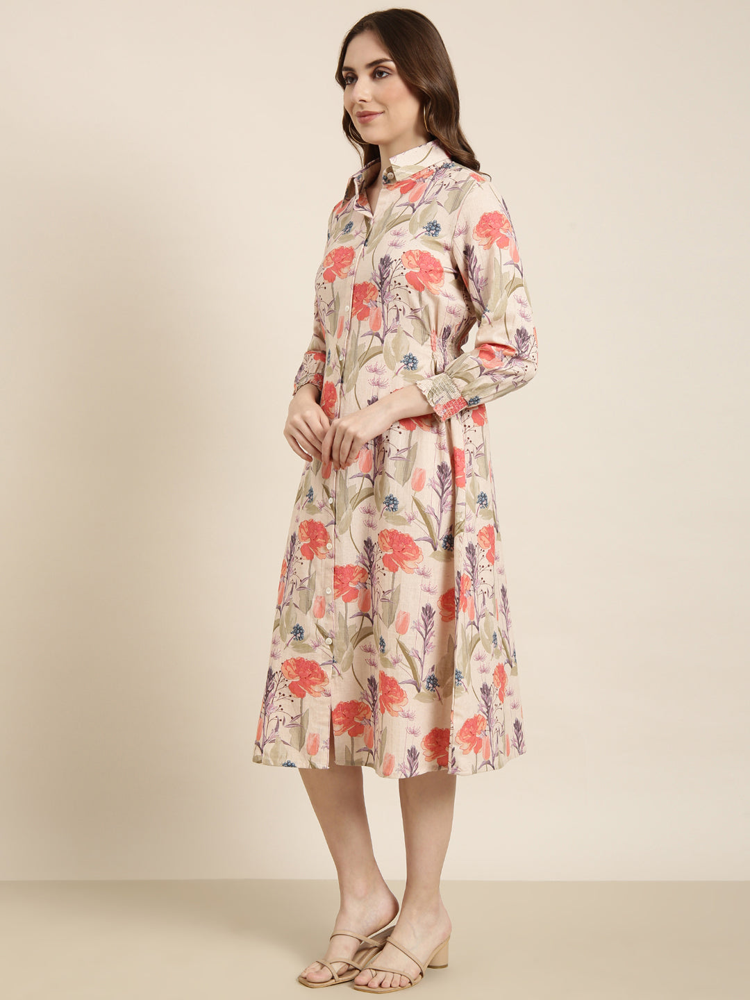 Women's Beige Floral Print Shirt Collar Full Sleeves Smocked Shirt Midi Dress