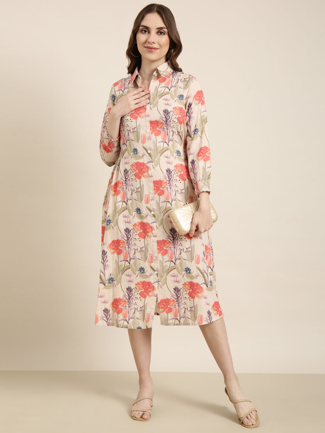 Women's Beige Floral Print Shirt Collar Full Sleeves Smocked Shirt Midi Dress