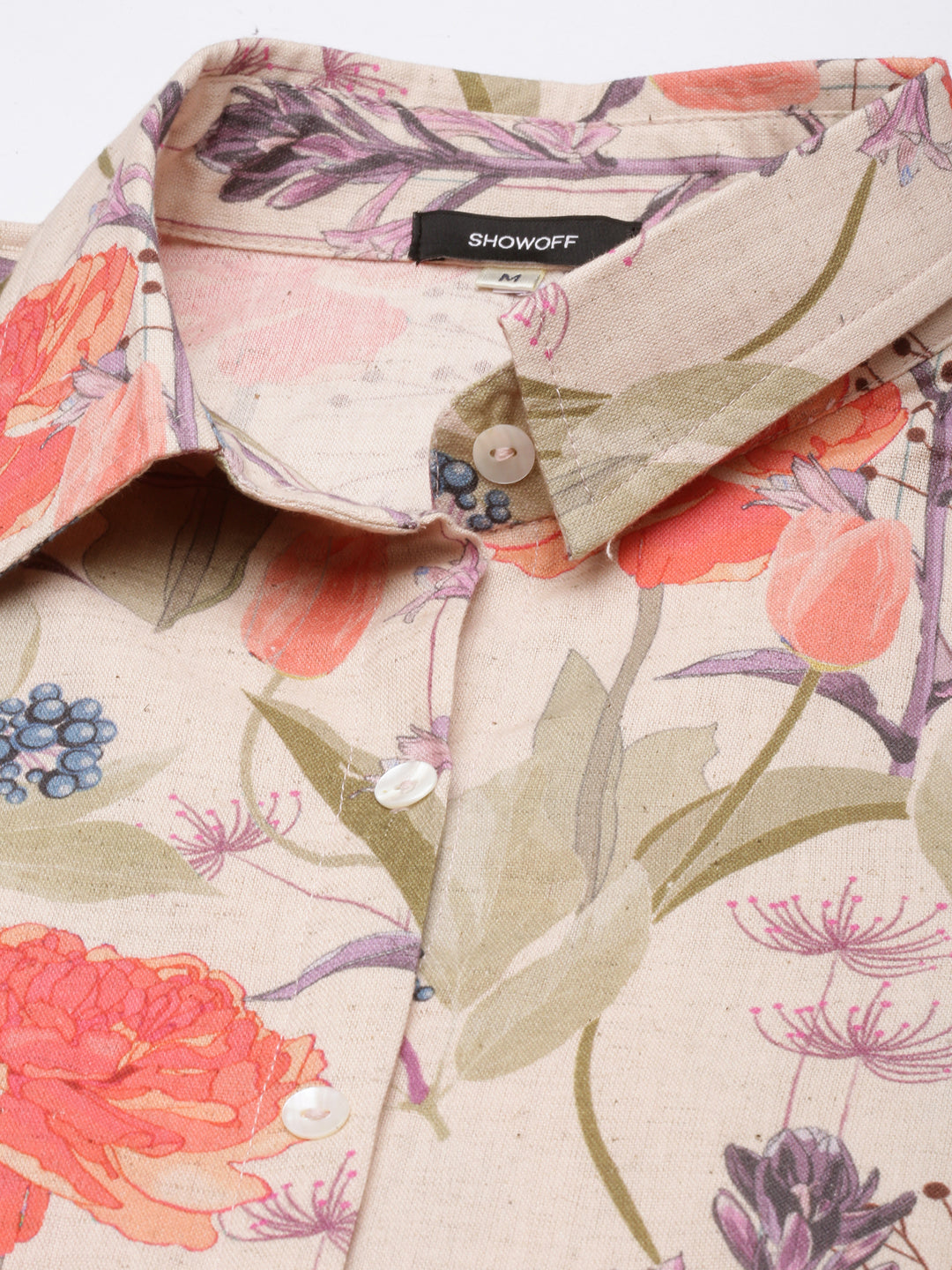 Women's Beige Floral Print Shirt Collar Full Sleeves Smocked Shirt Midi Dress