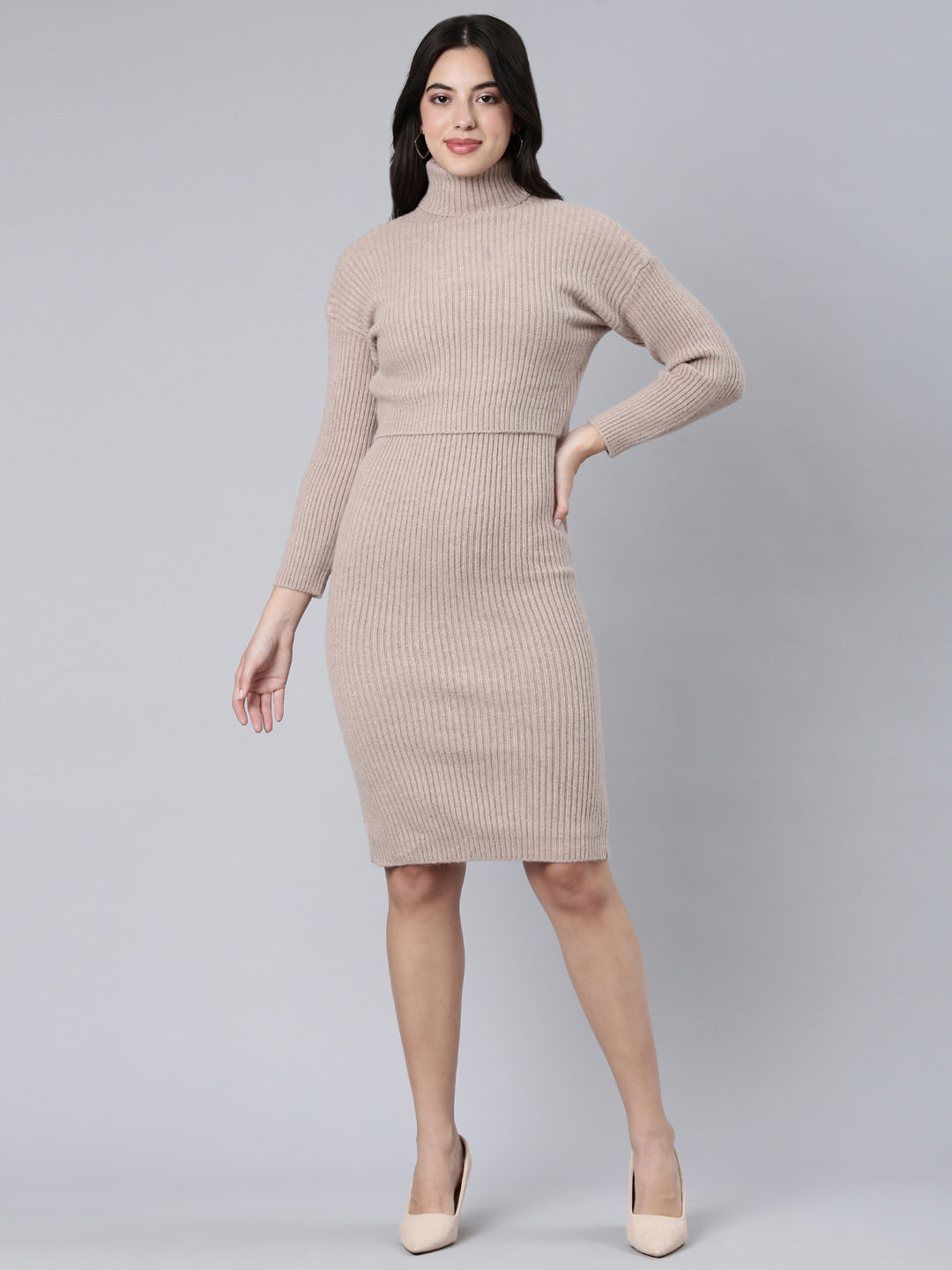 Women's Beige Self Design Knee Length Bodycon Dress