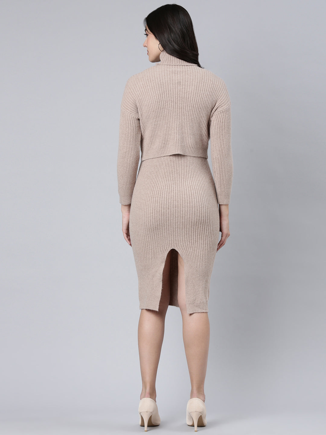 Women's Beige Self Design Knee Length Bodycon Dress