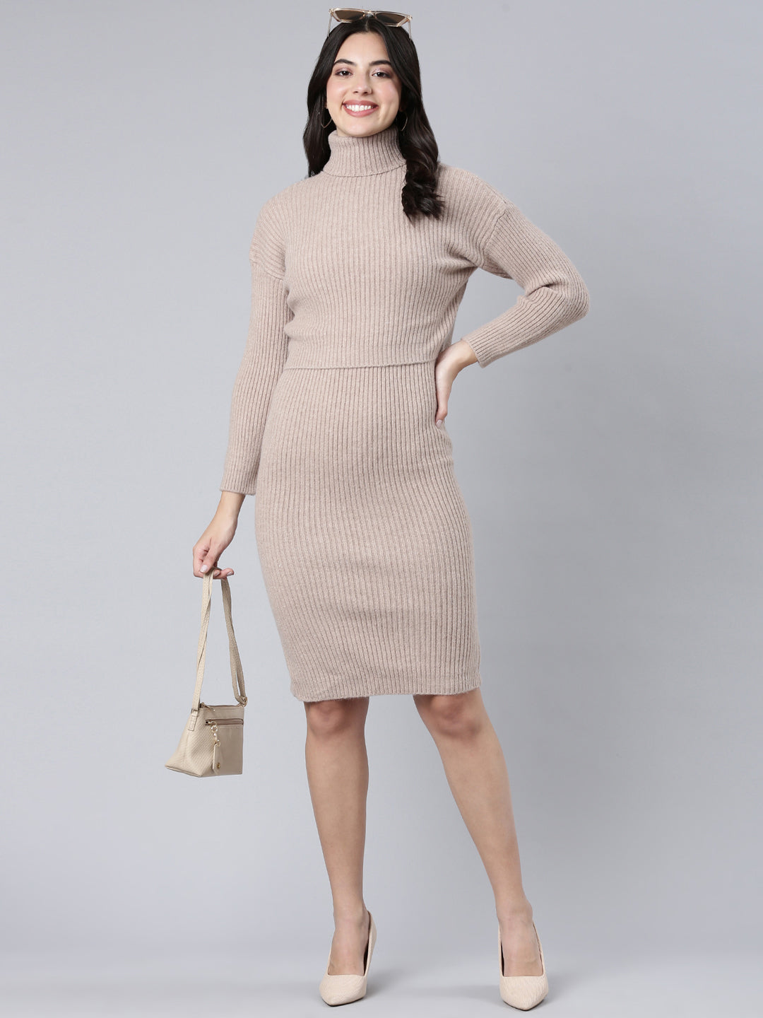 Women's Beige Self Design Knee Length Bodycon Dress