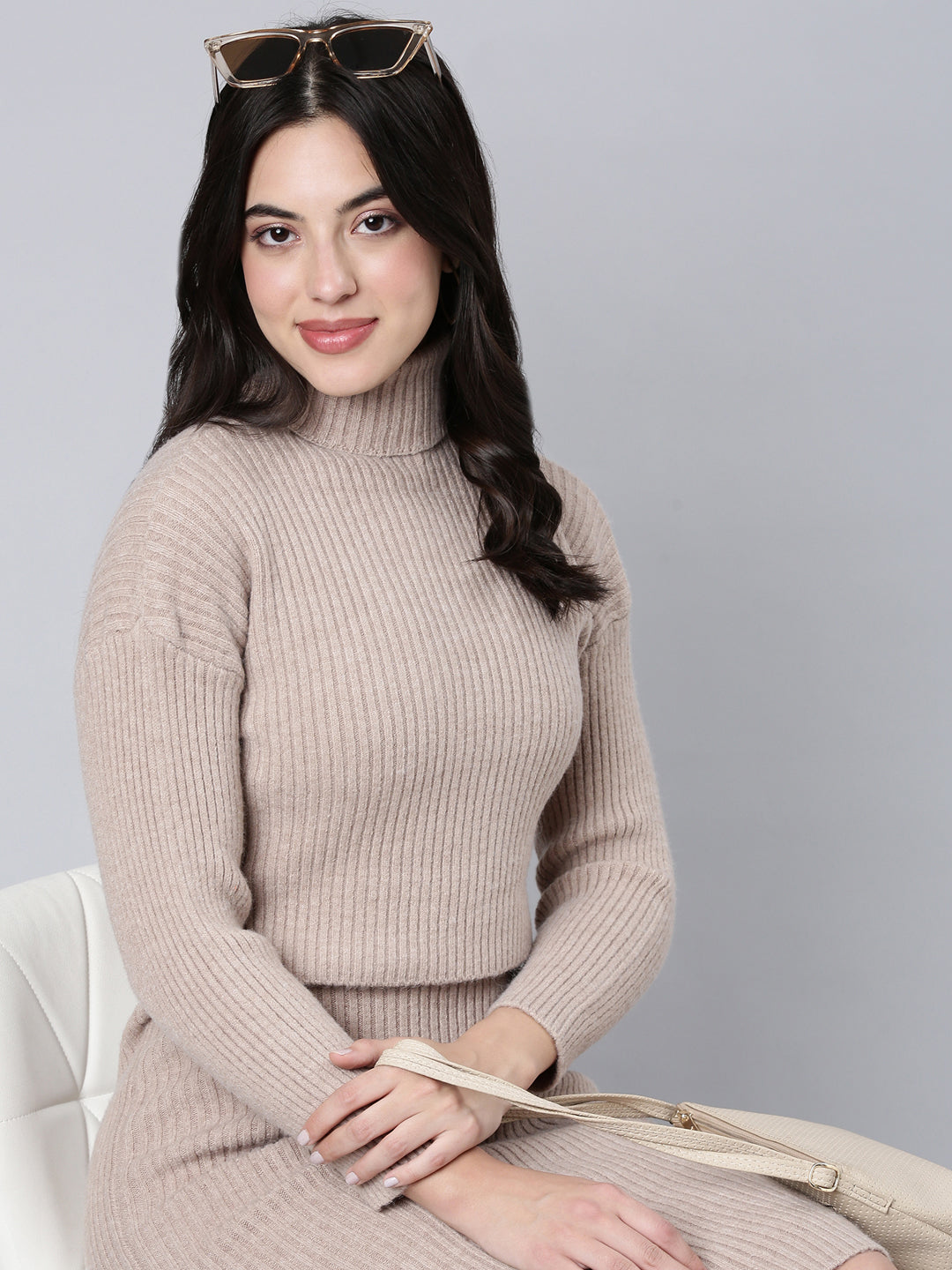 Women's Beige Self Design Knee Length Bodycon Dress