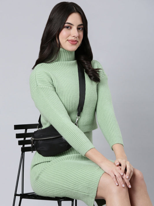 Women's Green Knee Length Self Design High Neck Striped Bodycon Dress