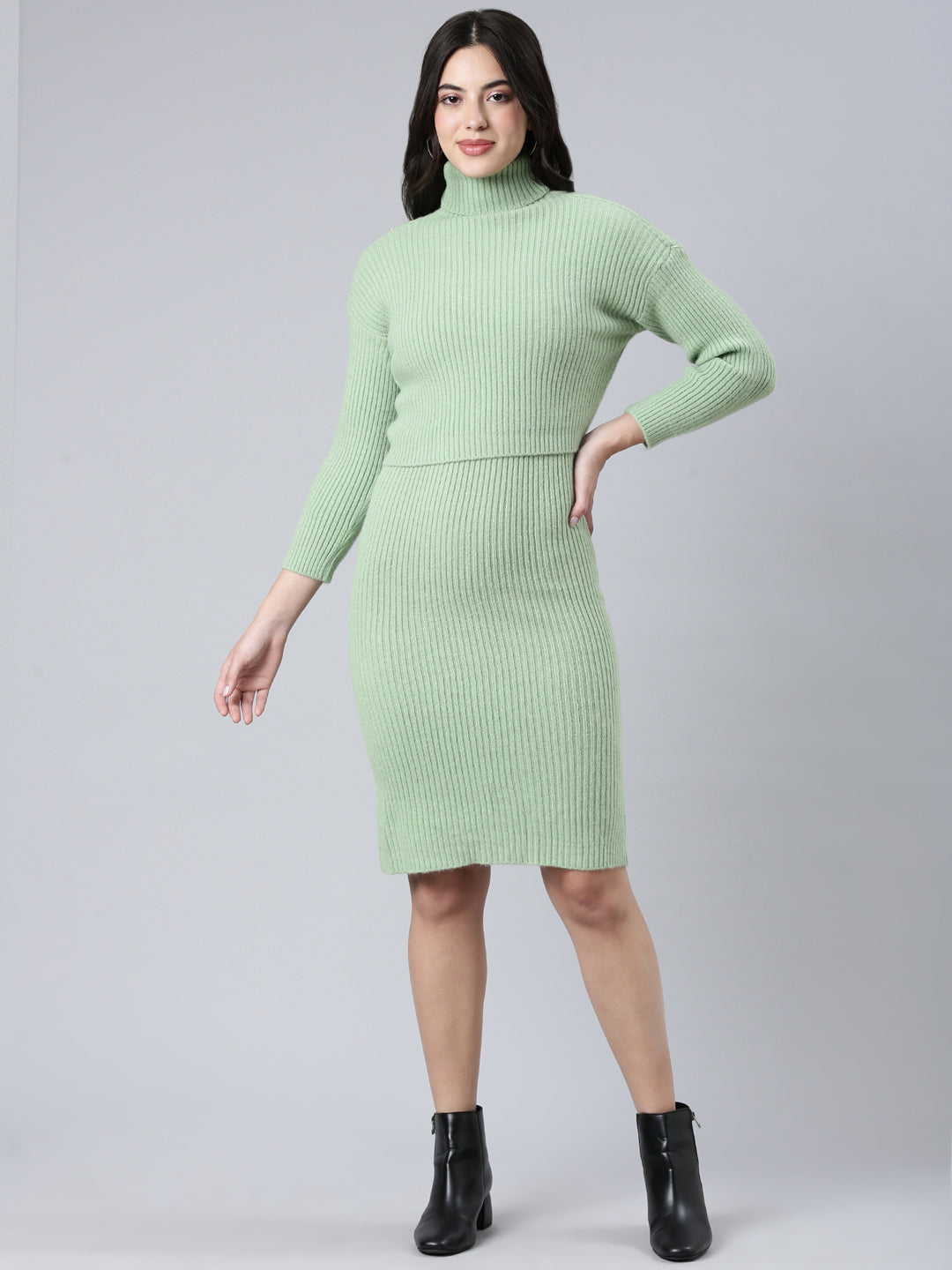 Women's Green Knee Length Self Design High Neck Striped Bodycon Dress