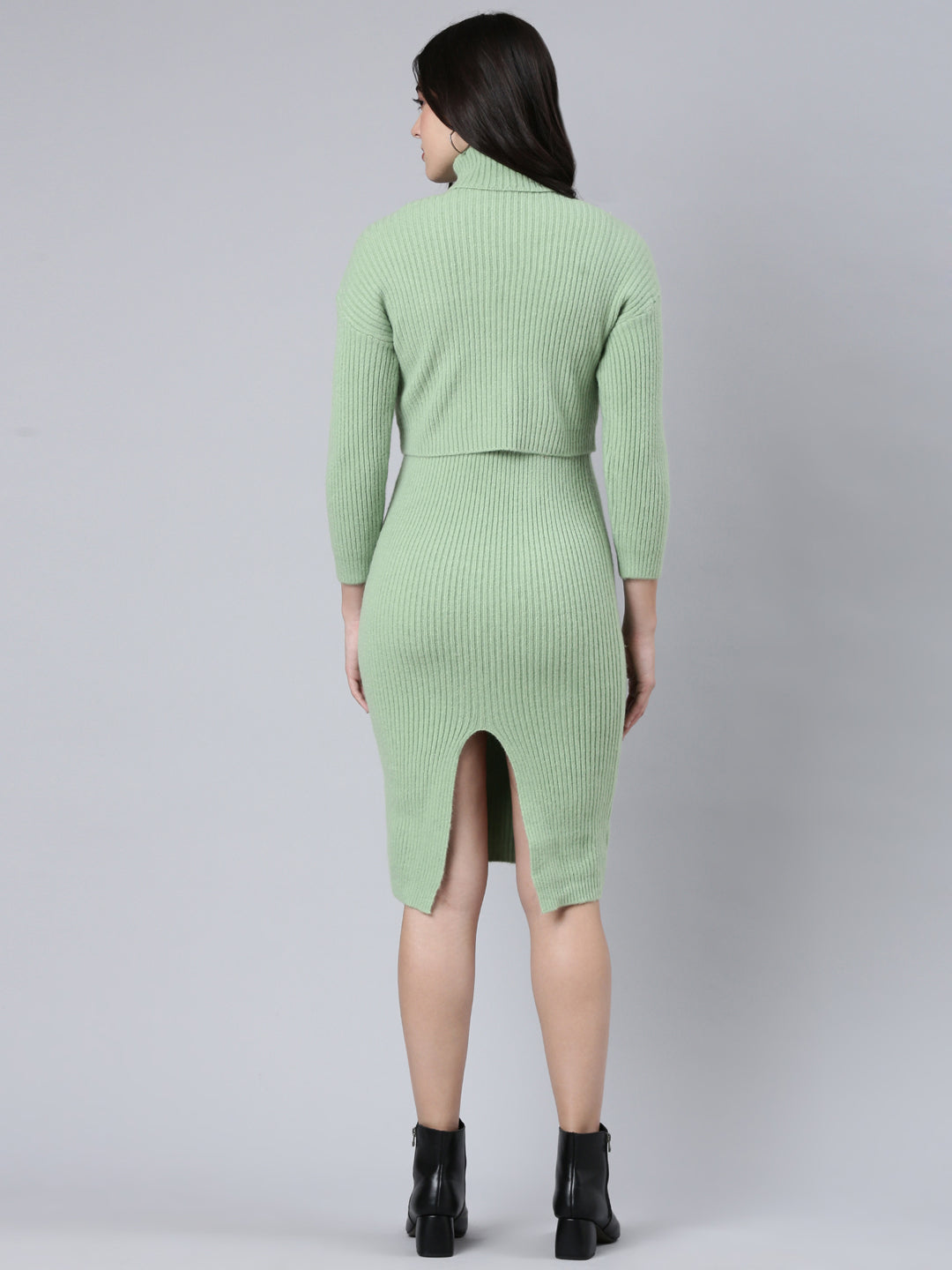 Women's Green Knee Length Self Design High Neck Striped Bodycon Dress