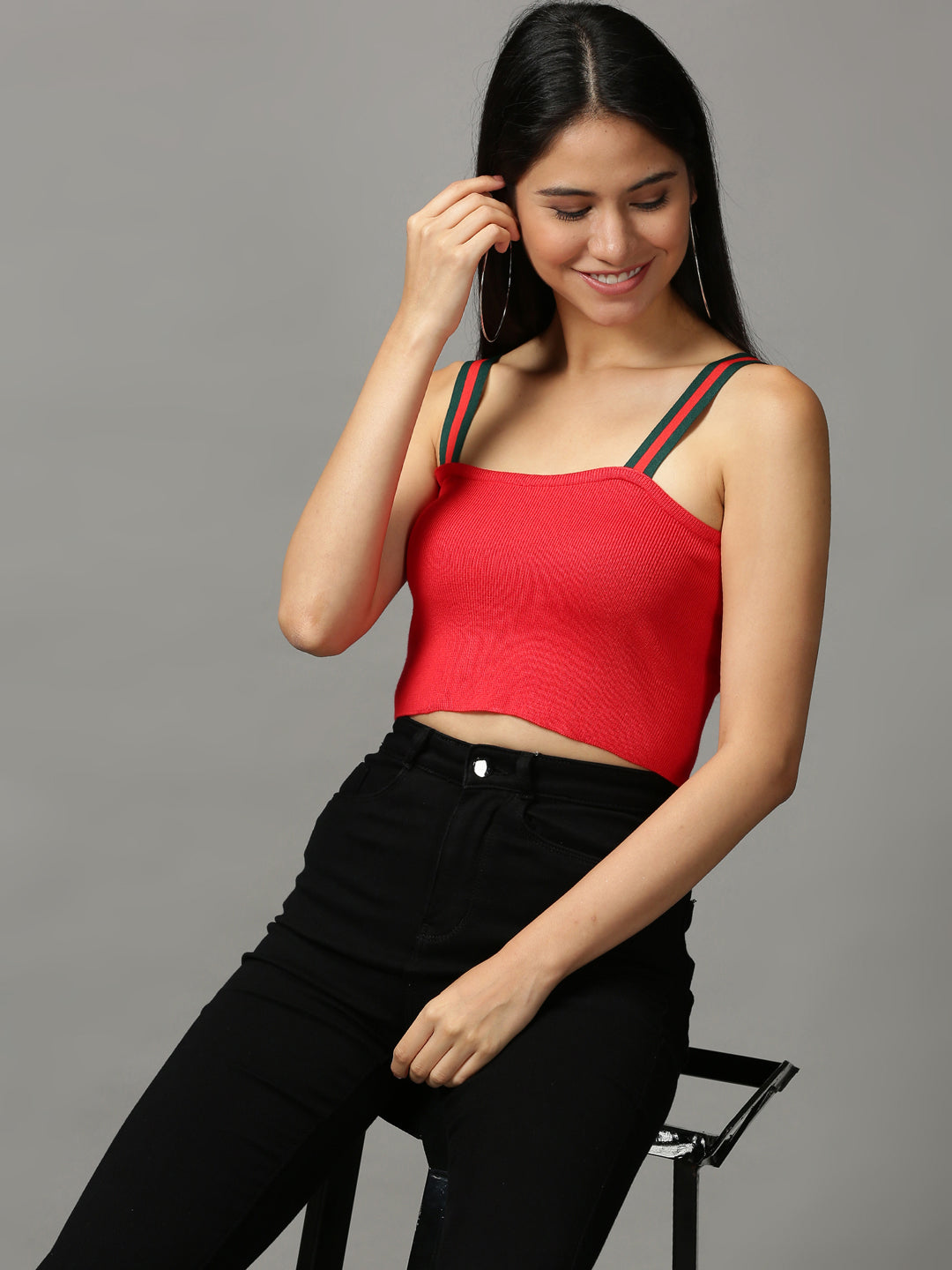 Women's Red Solid Crop Shoulder Straps Top