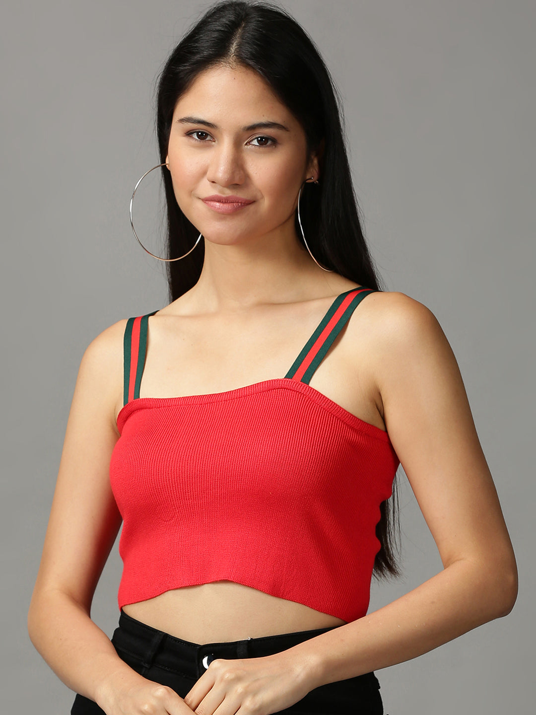 Women's Red Solid Crop Shoulder Straps Top
