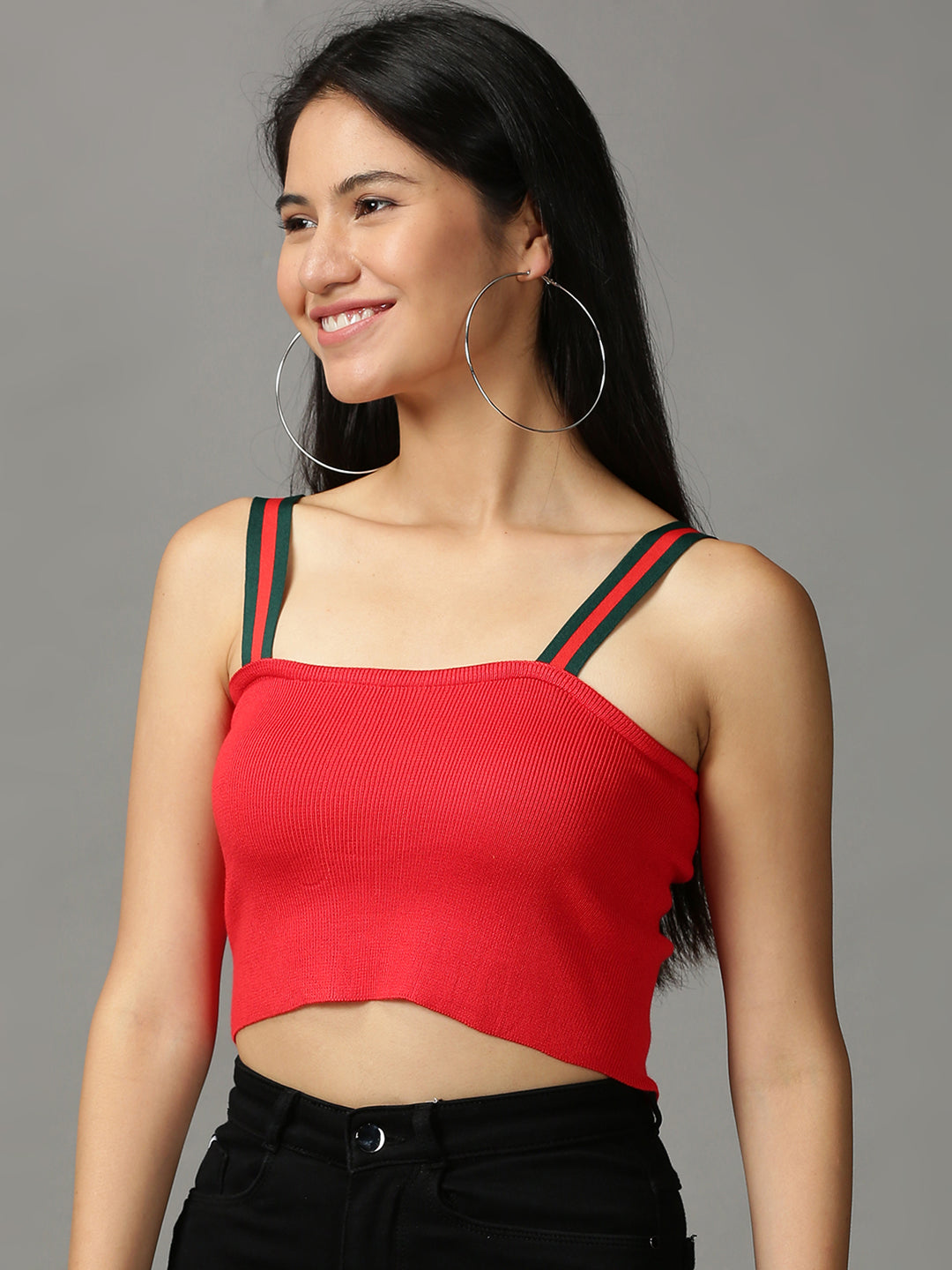 Women's Red Solid Crop Shoulder Straps Top