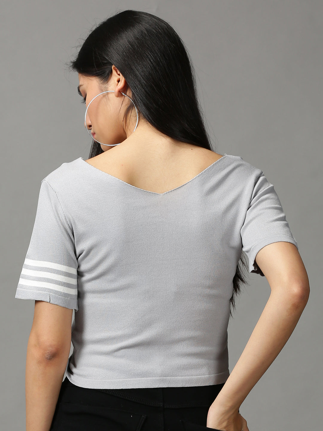 Women's Grey Solid Fitted Crop Top
