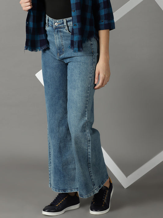 Women's Blue Wide Leg High-Rise Stretchable Jeans