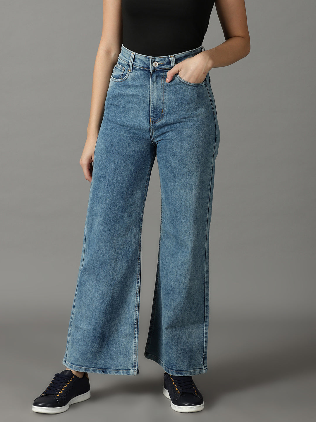 Women's Blue Wide Leg High-Rise Stretchable Jeans