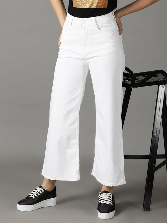 Women's White Wide Leg High-Rise Stretchable Cotton Jeans
