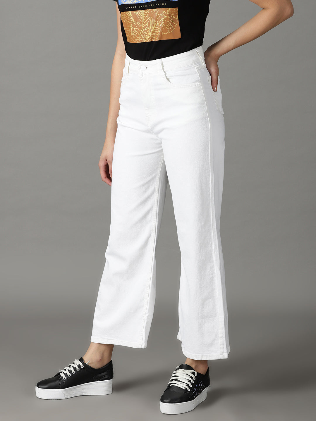 Women's White Wide Leg High-Rise Stretchable Cotton Jeans