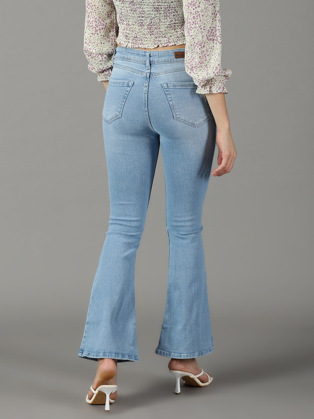 Women's Blue Bootcut High-Rise Mildly Distressed Light Fade Cotton Stretchable Jeans