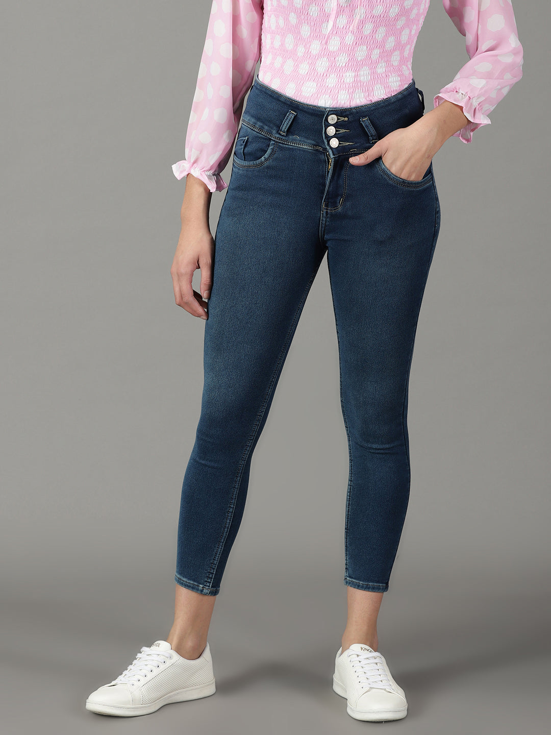 Women's Navy Blue Slim Fit High-Rise Light Fade Bleached Cotton Stretchable Jeans