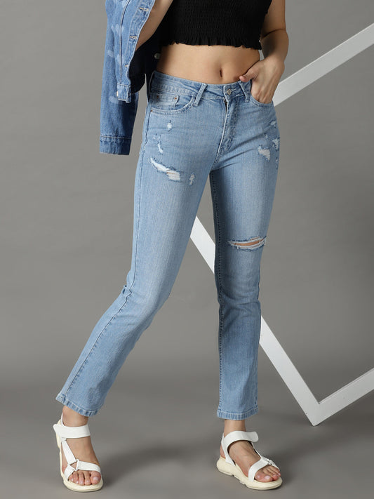 Women's Blue Relaxed Fit High-Rise Mildly Distressed Light Fade Stretchable Cotton Jeans