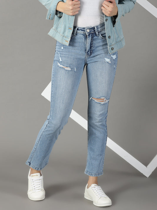 Women's Blue Mildly Distressed Light Fade Acid Wash High-Rise Stretchable Jeans