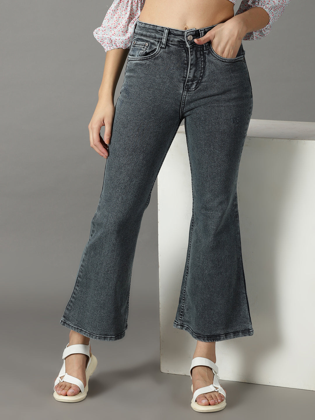 Women's Grey Bootcut High-Rise Acid Wash Stretchable Jeans