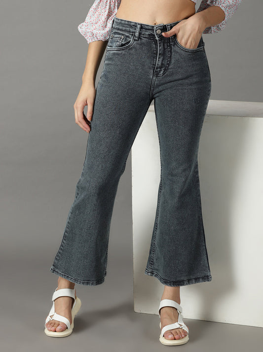 Women's Grey Bootcut High-Rise Acid Wash Stretchable Jeans