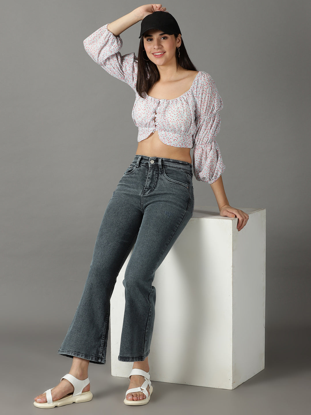 Women's Grey Bootcut High-Rise Acid Wash Stretchable Jeans