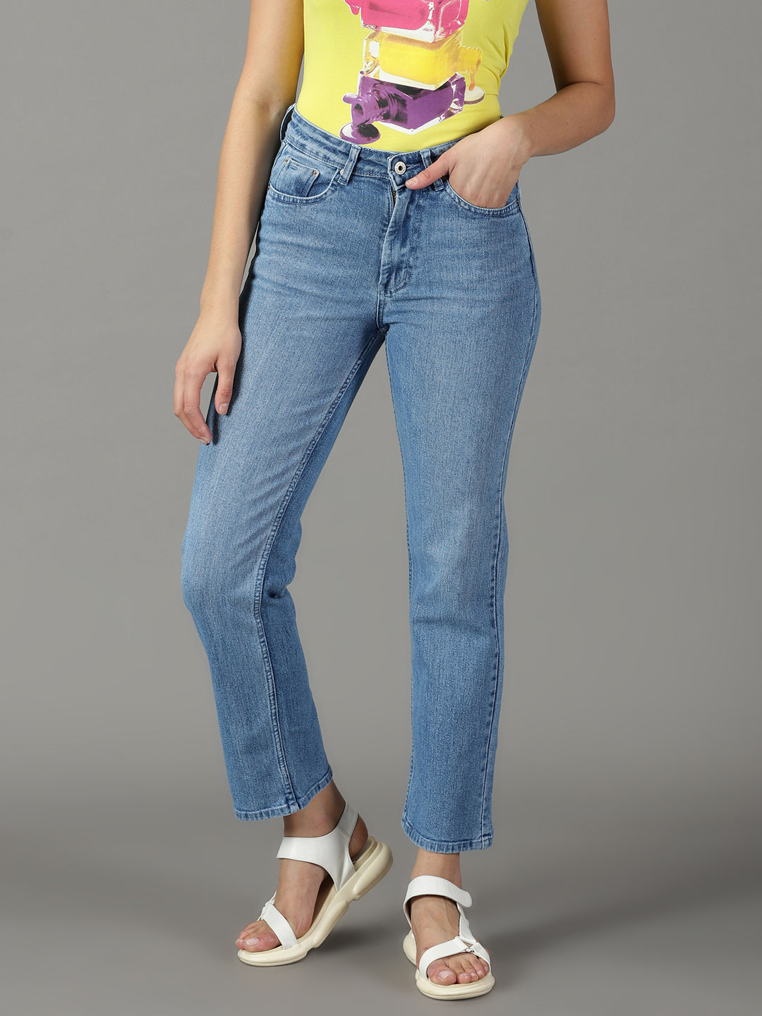 Women's Blue Straight Fit High-Rise Light Fade Acid Wash Stretchable Jeans