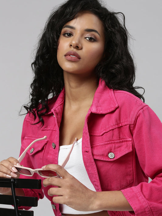 Women's Fuchsia Spread Collar Crop Denim Jacket