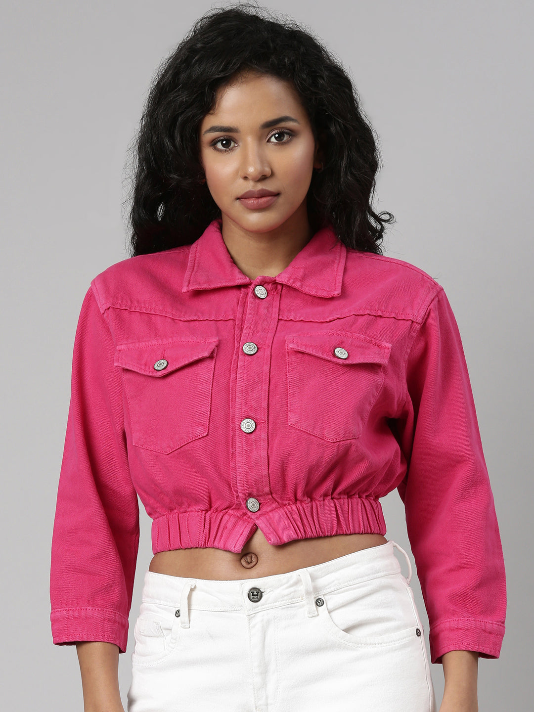 Women's Fuchsia Spread Collar Crop Denim Jacket
