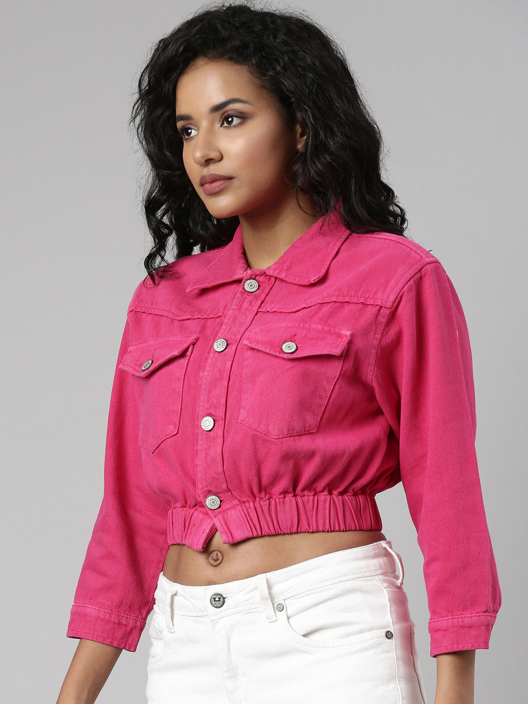 Women's Fuchsia Spread Collar Crop Denim Jacket