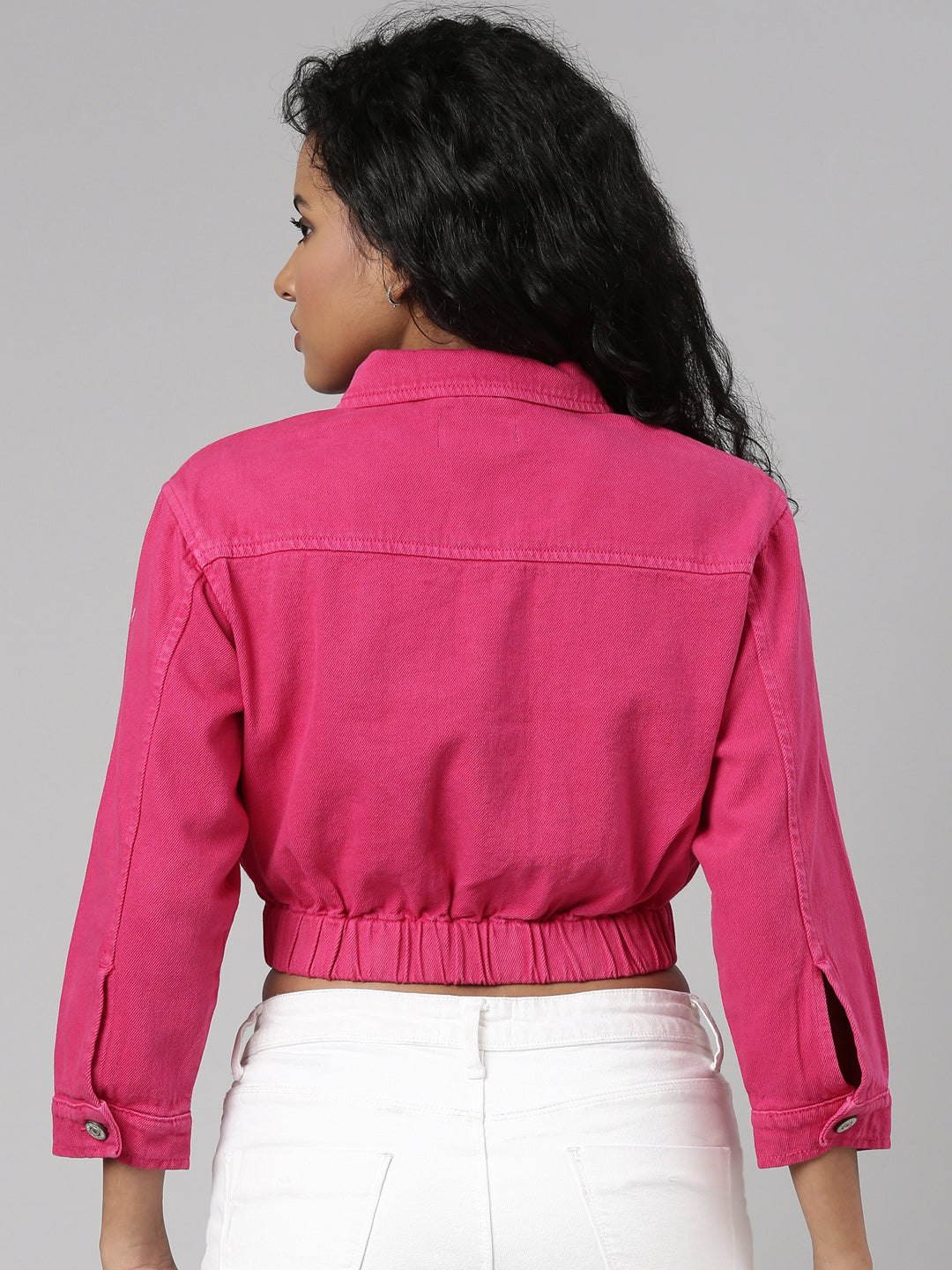Women's Fuchsia Spread Collar Crop Denim Jacket