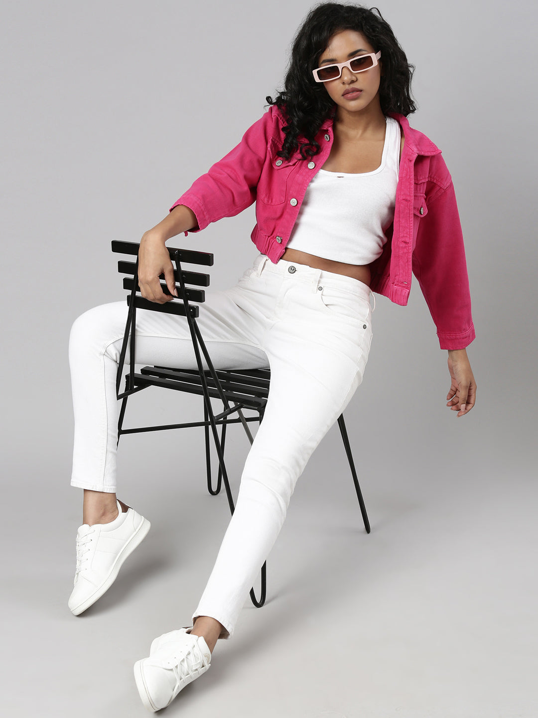 Women's Fuchsia Spread Collar Crop Denim Jacket