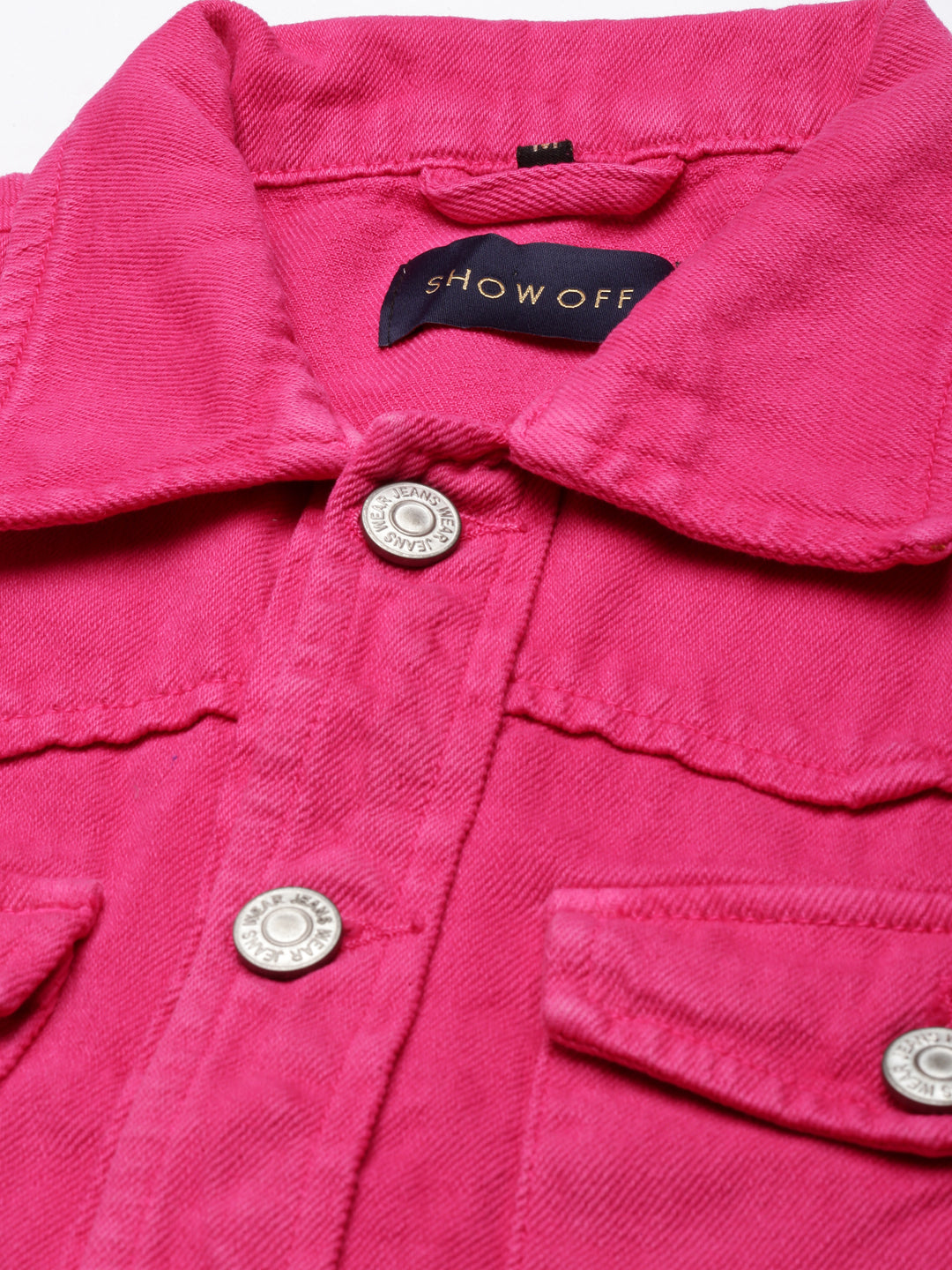 Women's Fuchsia Spread Collar Crop Denim Jacket