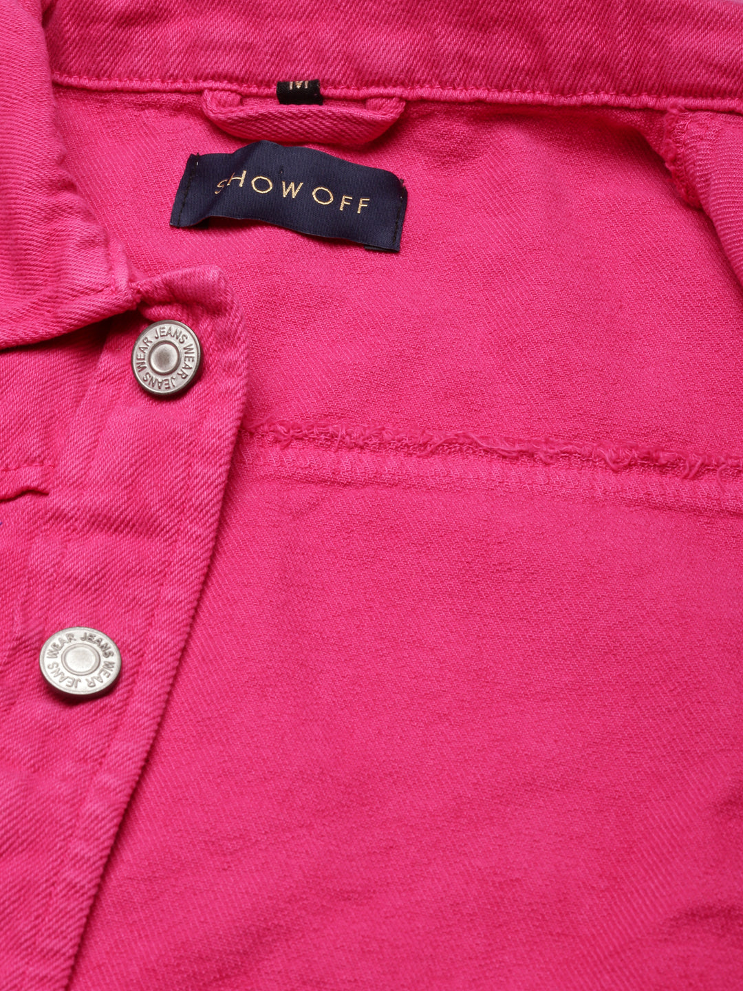 Women's Fuchsia Spread Collar Crop Denim Jacket