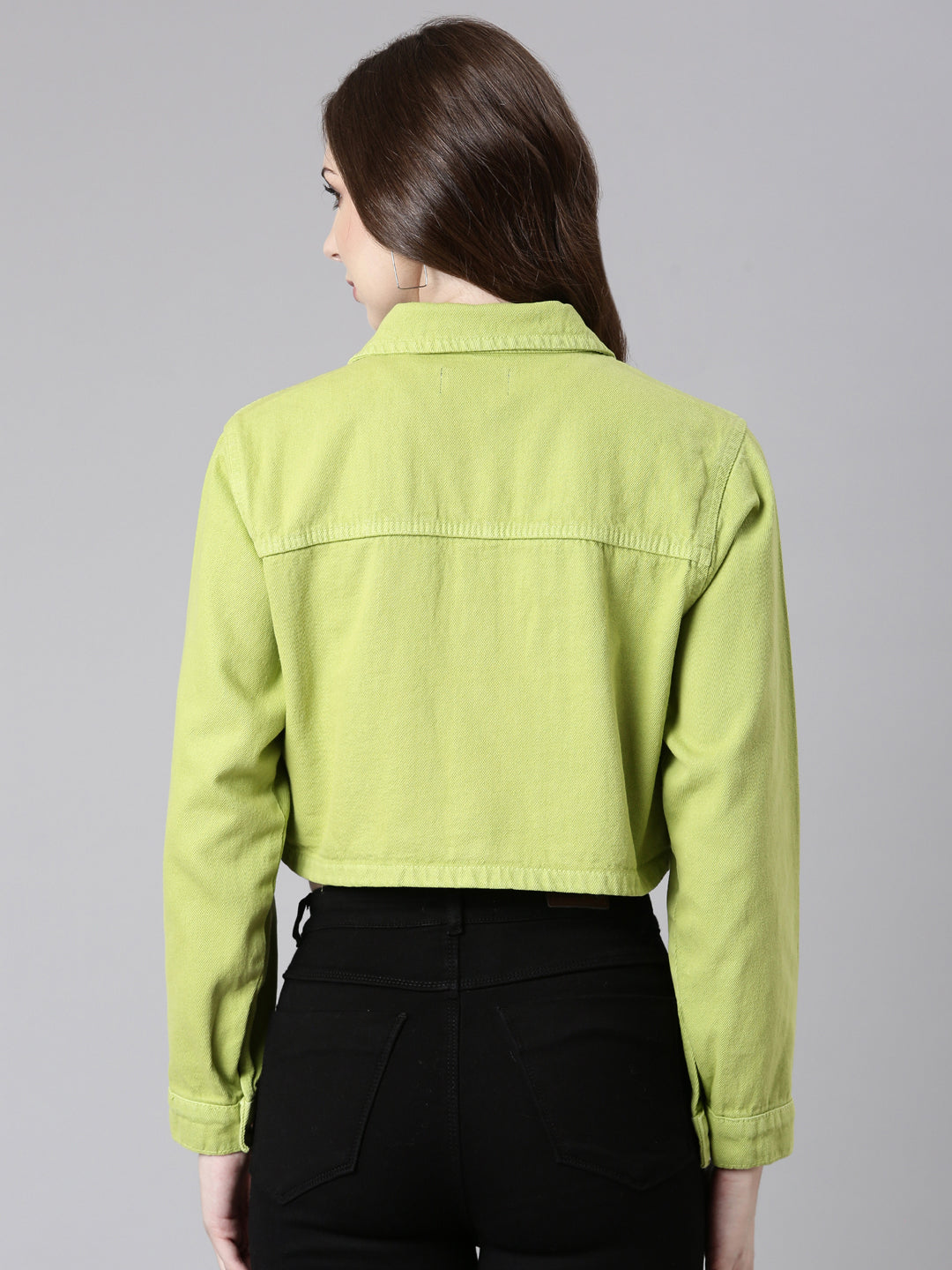 Women's Lime Green Spread Collar Crop Denim Jacket